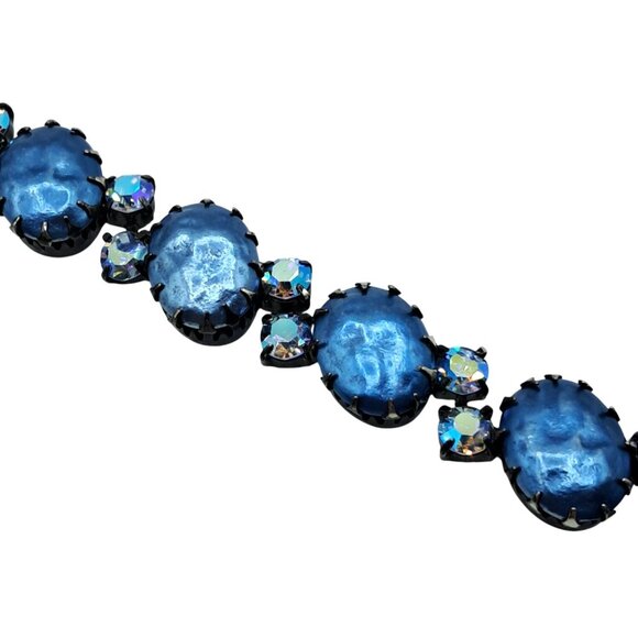 Vintage Regency Rhinestone Bracelet Blue Aurora Borealis Baroque Pearl Unsigned - Picture 8 of 14